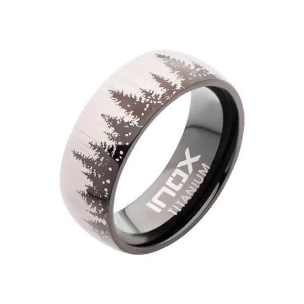 Titanium Black IP with Evergreen Forest Treeline Design Comfort Fit Ring - Size 11 West and Company Auburn, NY