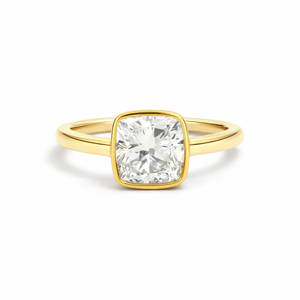 2.19ct Cushion Cut Diamond Bezel Engagement Ring in Yellow Gold | Modern Solitaire Diamond Ring (VS1/F) Whidby Jewelers Madison, GA