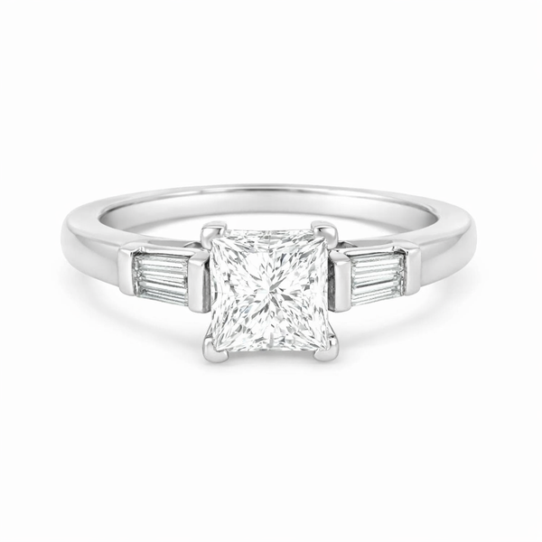 Princess Cut Diamond Engagement Ring in Platinum | Side Baguette Diamond Ring Whidby Jewelers Madison, GA