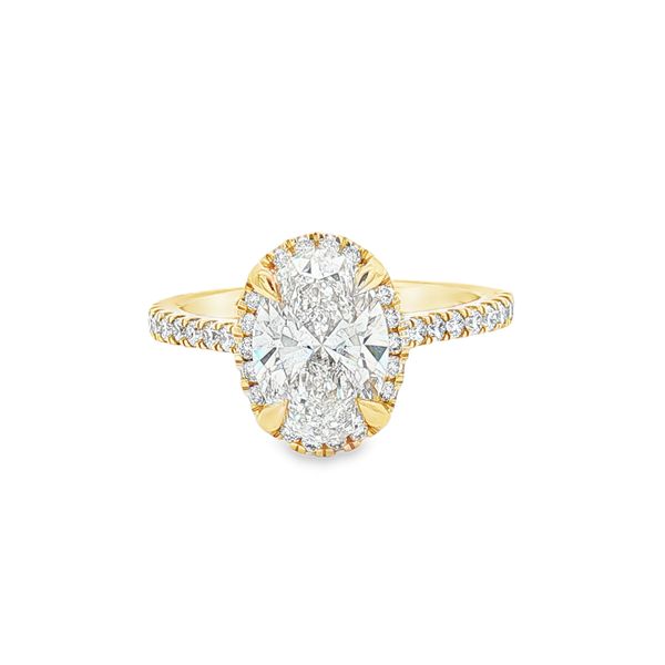 Oval Cut Diamond Halo Engagement Ring in 14K Yellow Gold | Pavé Diamond Band Whidby Jewelers Madison, GA