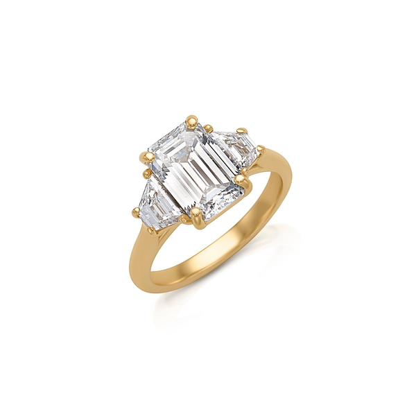 3.68 TWT Lab Grown Emerald & Trapezoid Diamond Three-Stone Engagement Ring in 14KT Yellow Gold Whidby Jewelers Madison, GA