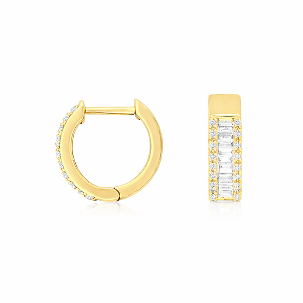 14K Yellow Gold Baguette & Round Diamond Hoop Earrings | Diamond Huggie Hoops Whidby Jewelers Madison, GA