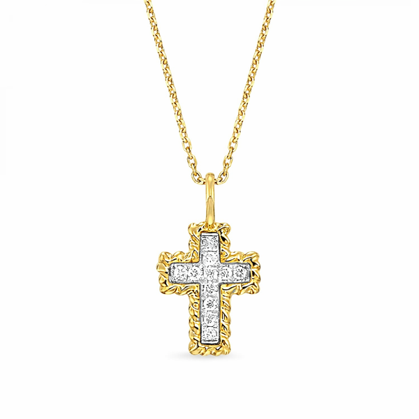 14kt Gold Diamond Cross Necklace Two-Tone Textured Design Whidby Jewelers Madison, GA