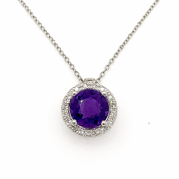 Amethyst Diamond Halo Pendant Necklace in White Gold Whidby Jewelers Madison, GA
