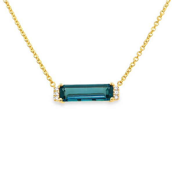 Blue Topaz Bar Necklace with Diamond Accents in Yellow Gold Whidby Jewelers Madison, GA