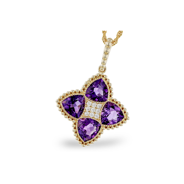 14kt Yellow Gold Trilliant Cut Amethyst & Diamond Pendant Whidby Jewelers Madison, GA