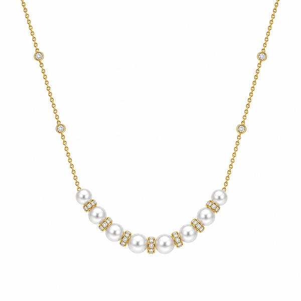 14Kt Gold Over Sterling Silver Pearl & CZ Station Necklace Whidby Jewelers Madison, GA