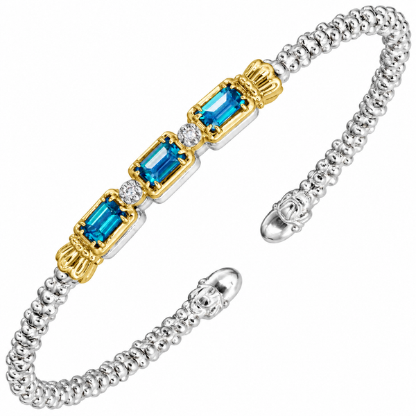 Lady’s 2mm VAHAN Emerald-Cut Blue Topaz & Diamond Open Bracelet Whidby Jewelers Madison, GA