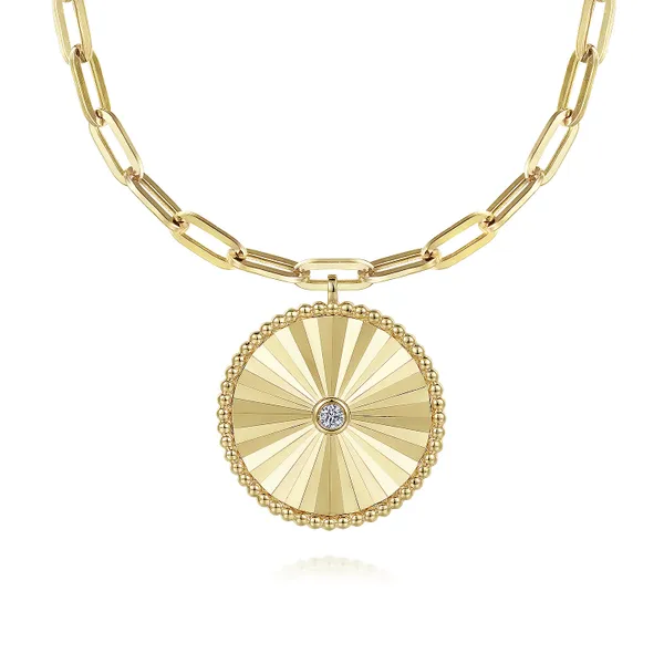18 inch 14K Yellow Gold Textured Diamond Medallion Hollow Chain Necklace William Jeffrey's, Ltd. Mechanicsville, VA