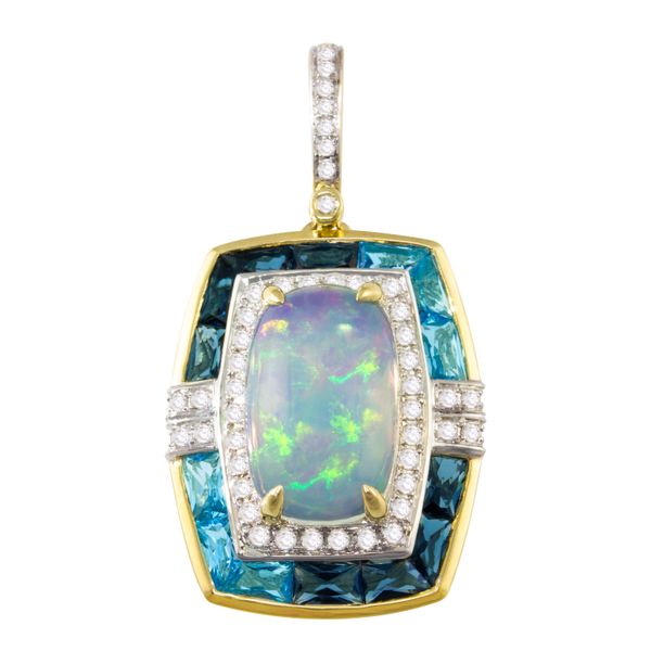 Ethiopian opal, blue topaz, and diamond pendant William Jeffrey's, Ltd. Mechanicsville, VA