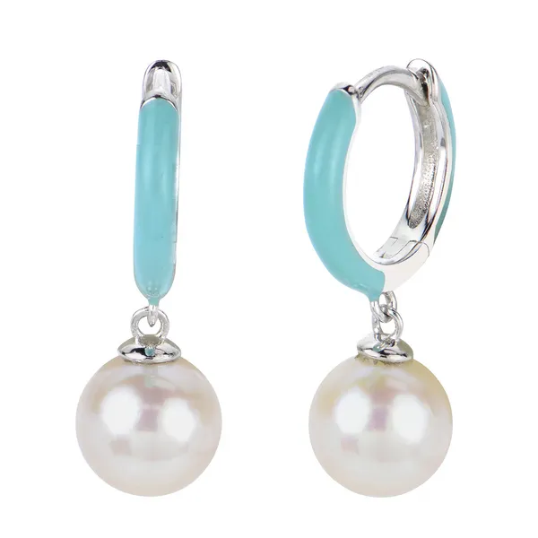 Silver Pearl and Teal Enamel Hoop Earrings William Jeffrey's, Ltd. Mechanicsville, VA