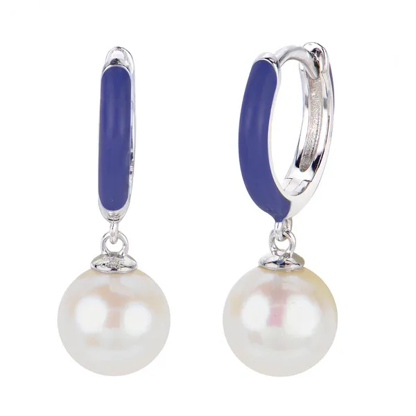 Silver Pearl and Navy Enamel Hoop Earrings William Jeffrey's, Ltd. Mechanicsville, VA