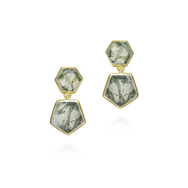 Geometric earrings with moss agate in sterling silver with 18k gold vermeil William Jeffrey's, Ltd. Mechanicsville, VA