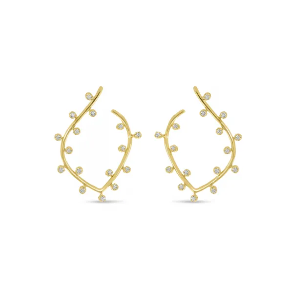14K Yellow Gold Bubble Front Leaf Hoop Earrings
