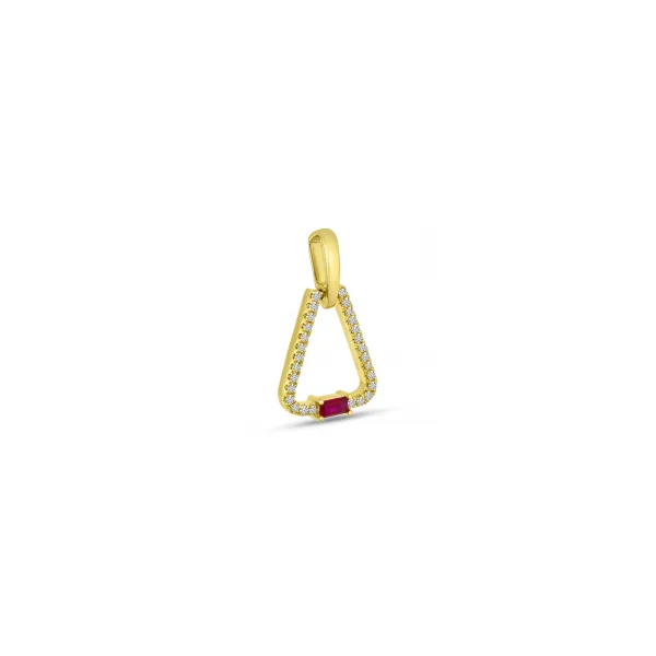 14K Yellow Gold Emerald Cut Ruby and Diamond Triangle Pendant Image 2 Woelk's House of Diamonds Russell, KS