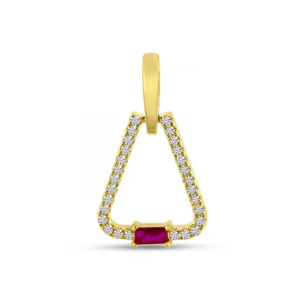 14K Yellow Gold Emerald Cut Ruby and Diamond Triangle Pendant Woelk's House of Diamonds Russell, KS