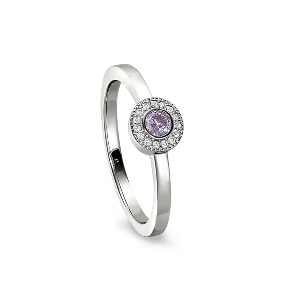 Platinum Finish Sterling Silver Micropave Round Simulated Pink Sapphire Ring with Simulated Diamonds Woelk's House of Diamonds Russell, KS