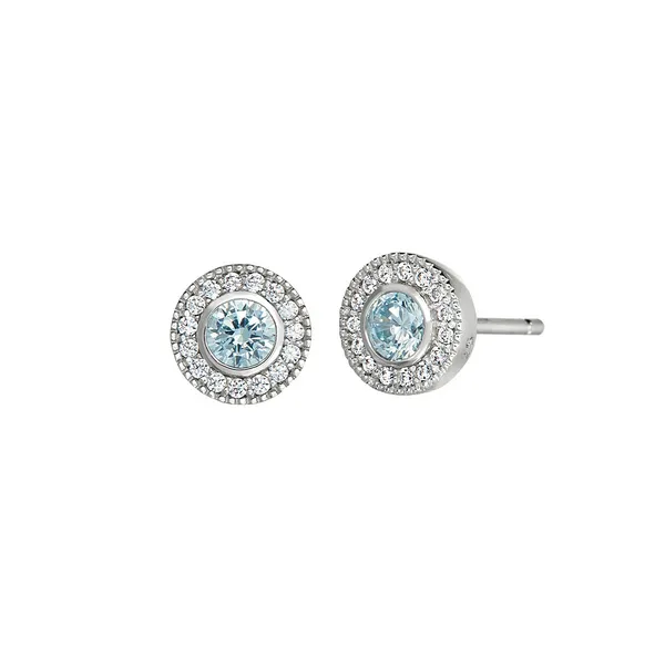 Platinum Finish Sterling Silver Micropave Round Simulated Aquamarine Earrings with Simulated Diamonds Woelk's House of Diamonds Russell, KS