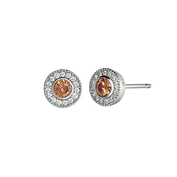 Platinum Finish Sterling Silver Micropave Round Simulated Citrine Earrings with Simulated Diamonds Woelk's House of Diamonds Russell, KS