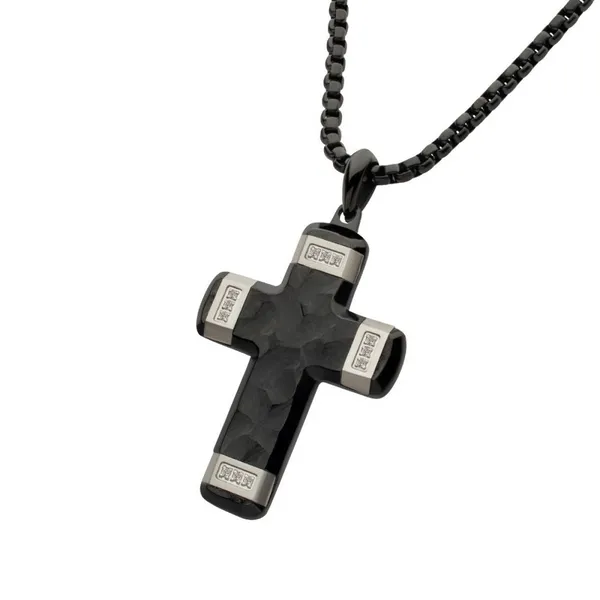 Matte Finish Black IP Carved Steel Small Cross Pendant with steel accents & Lab-Grown Diamonds Woelk's House of Diamonds Russell, KS