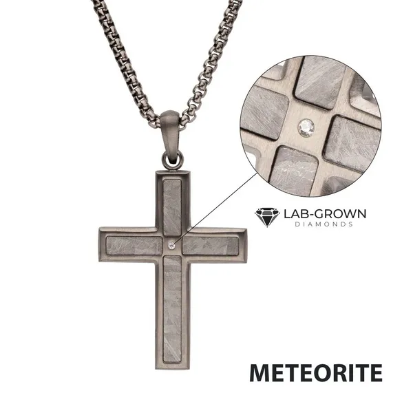 Men's Gun Metal IP Steel Matte Finish Meteorite Inlay with Lab-Grown Diamond Cross Pendant, with Box Chain Woelk's House of Diamonds Russell, KS