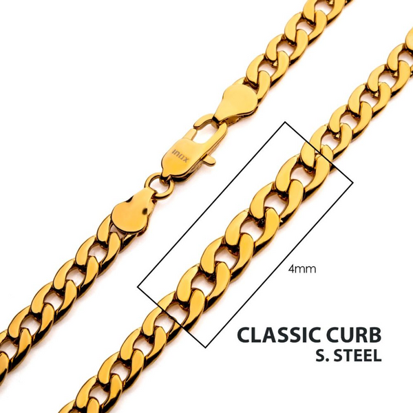 Men's Stainless Steel 4mm 18Kt Gold IP Classic Curb Chain Necklace Woelk's House of Diamonds Russell, KS