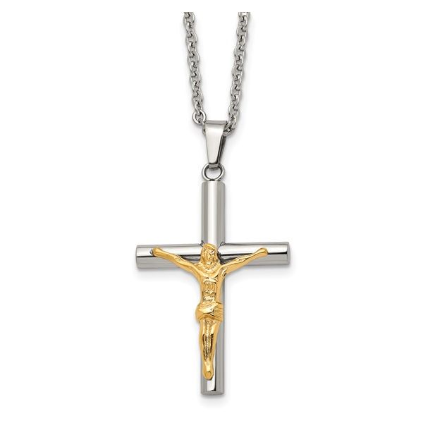 Stainless Steel Polished Yellow IP-plated Crucifix Pendant on a 20 inch Cable Chain Necklace Young Jewelers Jasper, AL