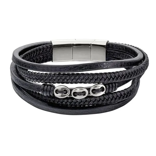 Black Leather 5 Cord Bracelet With 3 Stainless Steel Buttons Young Jewelers Jasper, AL