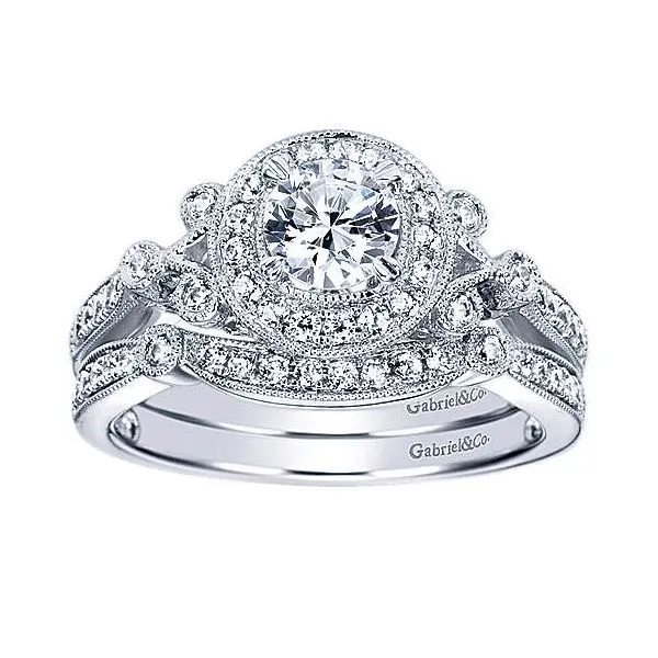 14K White Gold Antique Halo .80Ctw Diamond  Engagement Ring