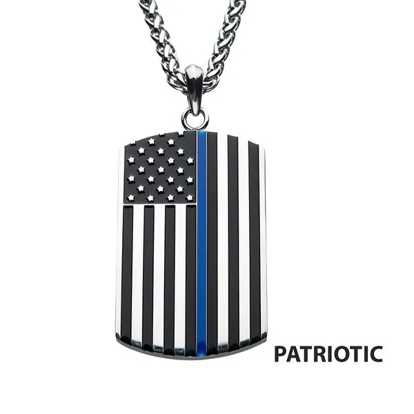 Thin Blue Line American Flag Police Officer Military Style Dog Tag Enamel Pendant similar item image