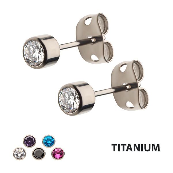20G TITANIUM POST AND BUTTERFLY BACK WITH BEZEL SET GEM STUD EARRINGS Image 2 Z's Fine Jewelry Peoria, AZ