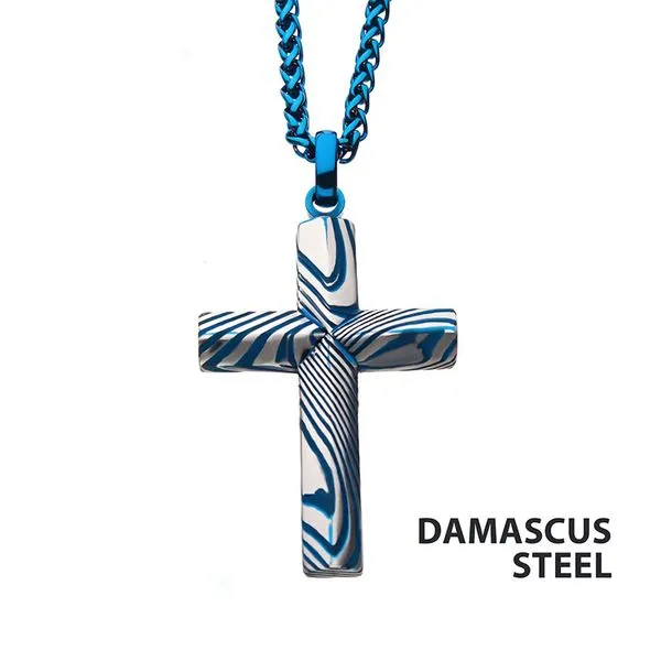 Blue IP Damascus Cross Pendant with Blue Round Wheat Chain Z's Fine Jewelry Peoria, AZ