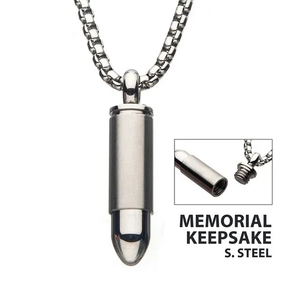 Stainless Steel Memorial Bullet Pendant with Steel Box Chain Z's Fine Jewelry Peoria, AZ