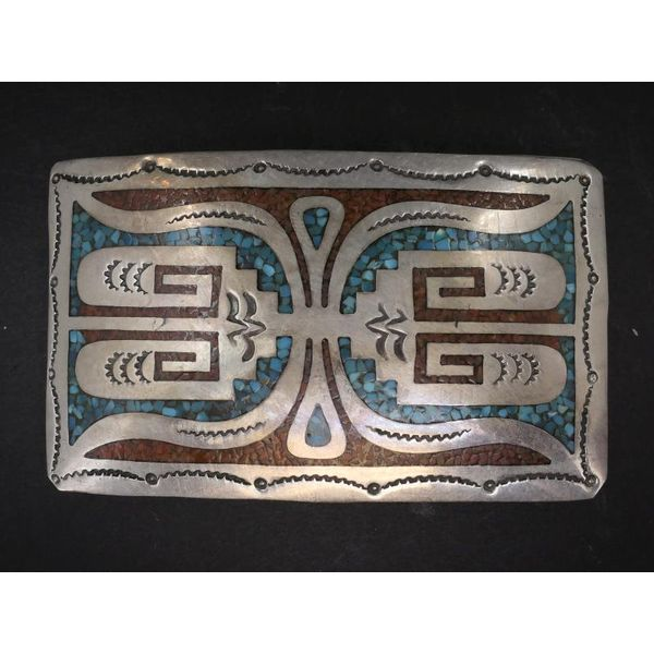 Sterling Navajo Gilbert Ortega H.L. Tom Turquoise & Coral Belt Buckle 34g i8258 Estate Jewelers Toledo, OH