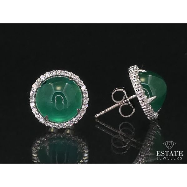 14k White Gold 10mm Cabochon Natural Emerald & Diamond Button Earrings 5g i12254 Image 2 Estate Jewelers Toledo, OH