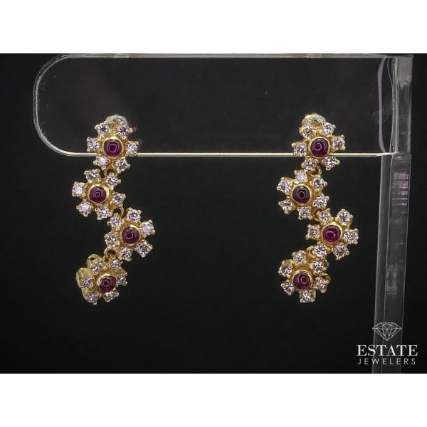 Estate 14k Yellow Gold Natural Ruby & Diamond Flower Dangle Earrings 7.6g i12453 Estate Jewelers Toledo, OH
