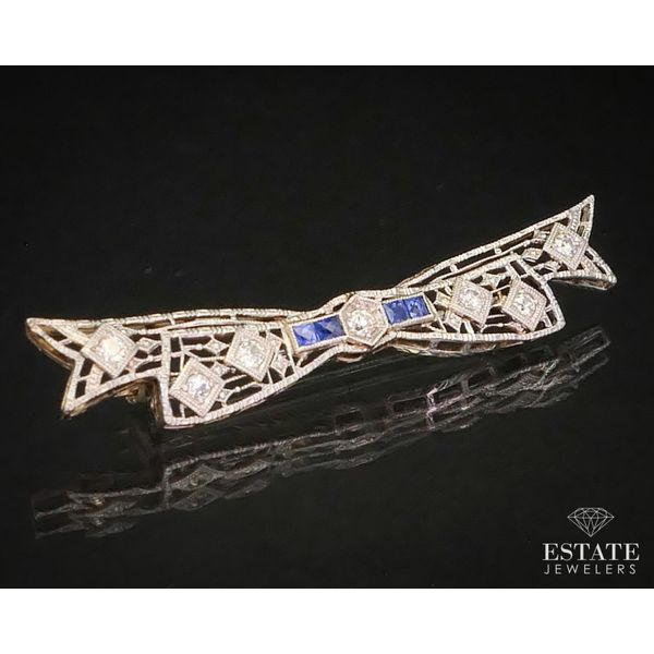 Antique Art Nouveau 14k & Platinum Sapphire Diamond Pin Brooch 3.7g i13169 Image 2 Estate Jewelers Toledo, OH