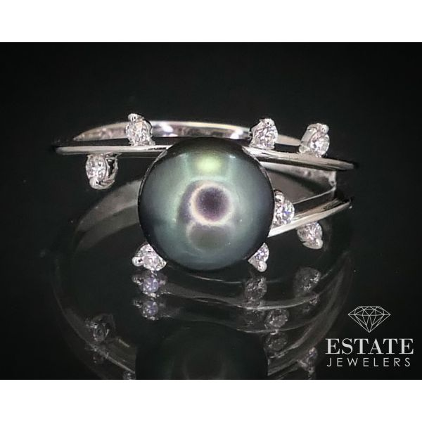 Estate 14k White Gold 8mm Black Pearl & Diamond Ladies Ring 3.1g i13505 Estate Jewelers Toledo, OH