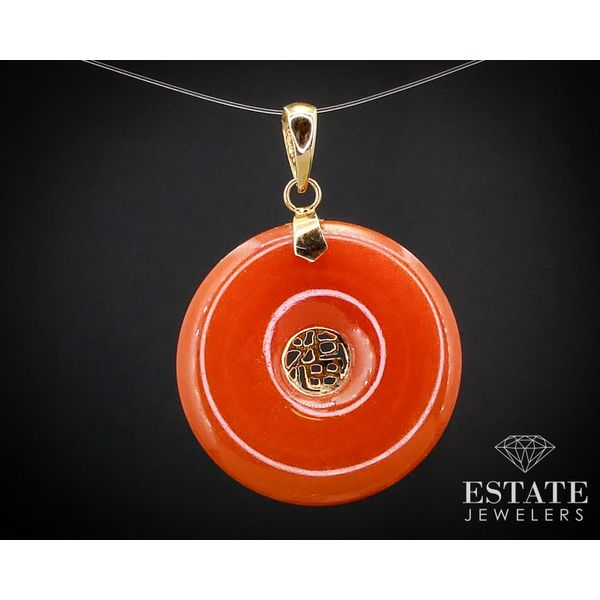 Estate 14k Yellow Gold Carved Natural Orange Jade Disk Pendant 3.9g i13596 Estate Jewelers Toledo, OH