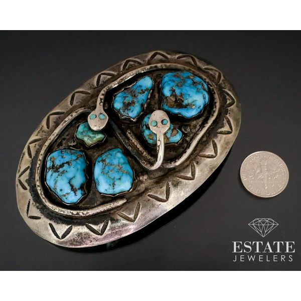 Sterling Zuni Snake Natural Turquoise Effie Calavaza Belt Buckle 118g i13746 Image 2 Estate Jewelers Toledo, OH
