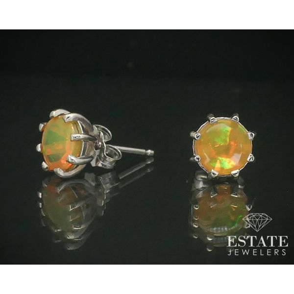 14k White Gold Round Natural Ethiopian Jelly Opal Stud Earrings i14101 Image 2 Estate Jewelers Toledo, OH