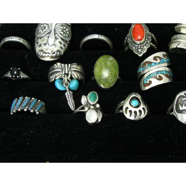 Sterling 925 Natural Multi Gem Native American Ladies Ring Lot of 16 77g i14489 Image 3 Estate Jewelers Toledo, OH