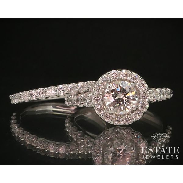 14k White Gold Round Natural 1.73ctw Diamond Halo Wedding Set 4.9g i376 Image 2 Estate Jewelers Toledo, OH