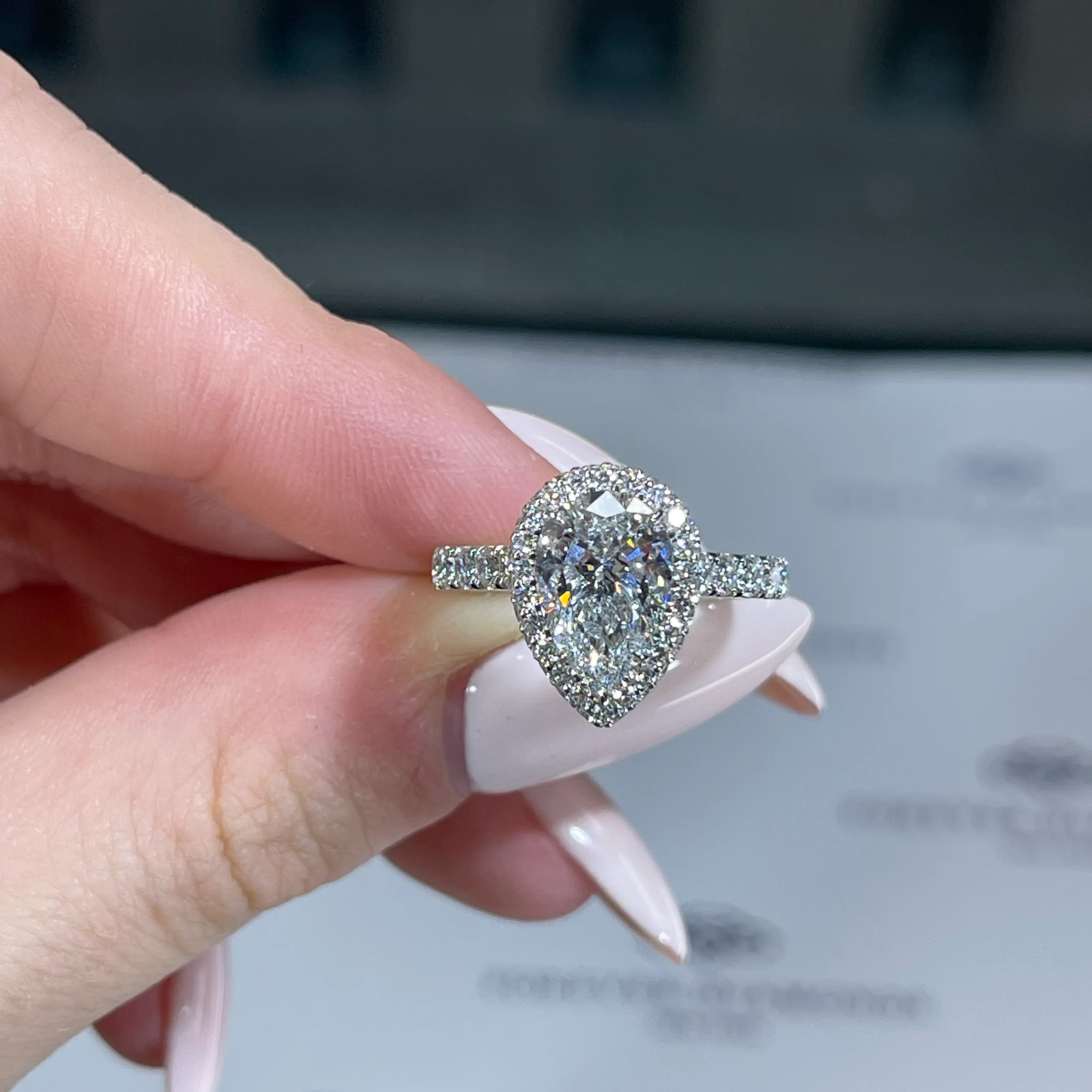 Lab Grown 2.01ct E VS2 Pear Diamond Chanel Style Halo Engagement Ring