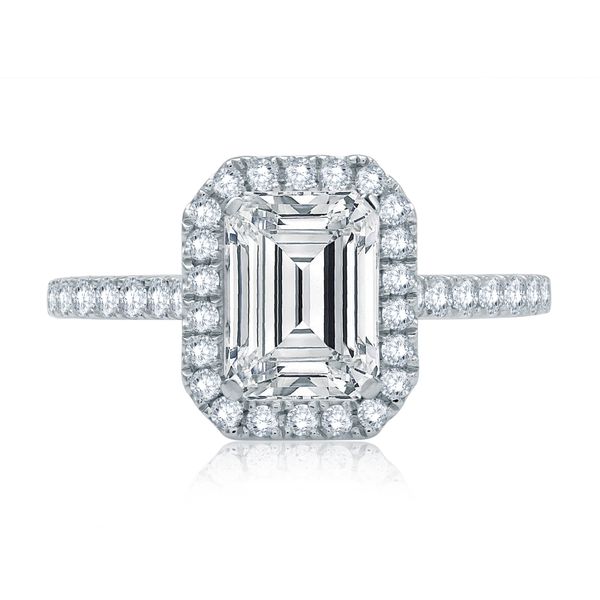 Emerald Cut Diamond Halo Engagement Ring with Quilted Interior Image 2 Baxter's Fine Jewelry Warwick, RI
