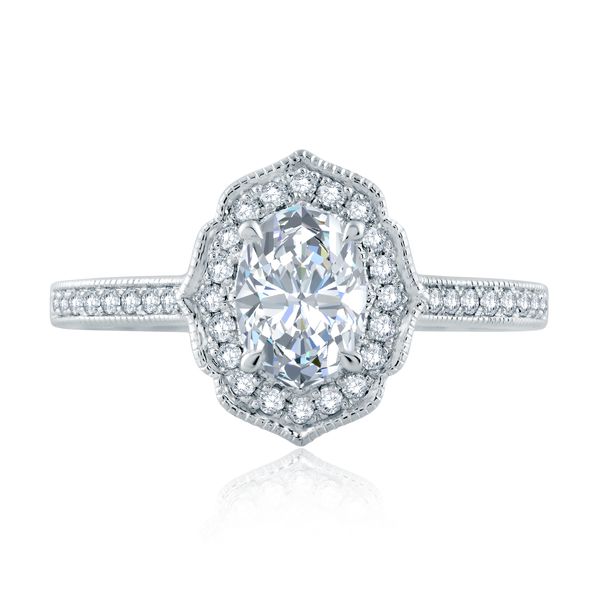 Floral Inspired Milgrain Detail Halo Oval Engagement Ring Image 2 Castle Couture Fine Jewelry Manalapan, NJ