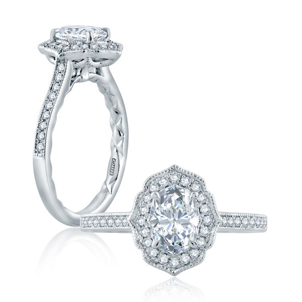 Floral Inspired Milgrain Detail Halo Oval Engagement Ring Mark Allen Jewelers Santa Rosa, CA
