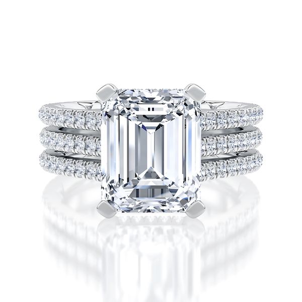 Three Row Diamond Flat Tab Emerald Cut Center Diamond Engagement Ring  Image 2 Natale Jewelers Sewell, NJ
