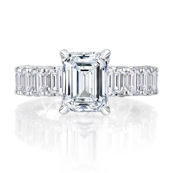 Emerald Cut Diamond Engagement Ring with Emerald Diamond Accents Band Image 2 Hannoush Jewelers, Inc. Albany, NY