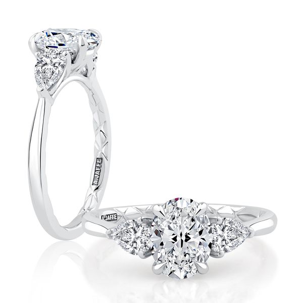 Modern Three Stone Round Center Diamond Engagement Ring with Pear Shaped Side Diamonds Hannoush Jewelers, Inc. Albany, NY